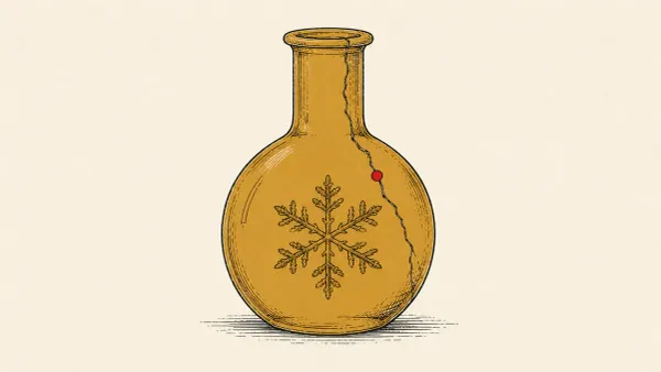 Editorial illustration of a cracked laboratory flask holding a snowflake, representing critical Adobe ColdFusion vulnerability patches.