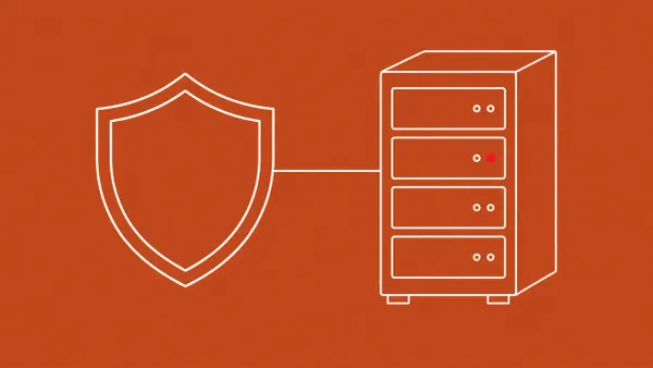 Flat white line-art of a shield beside a server rack with a single patch panel — Adobe ColdFusion maximum-severity flaw actively exploited.