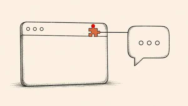Flat white line-art of a browser extension puzzle piece linked to a chat window, on a teal background — Adobe extension WhatsApp data-theft disclosure.