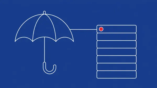 Flat white line-art of an open umbrella beside a tall stack of record cards, on a Cobalt background — Aflac Japan data breach affecting 4.38 million people.