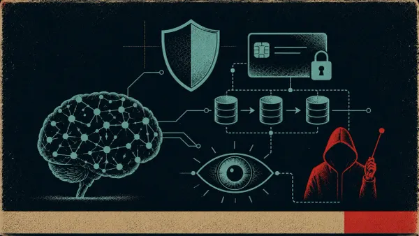 Editorial science-poster illustration of AI security symbols — a neural-network brain, a shield, a keycard, a data pipeline, a watchful eye, and a hooded silhouette.