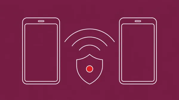Flat white line-art of two phones with proximity-share arcs and a shield, on a Mulberry background — AirDrop and Quick Share flaws across five billion devices.
