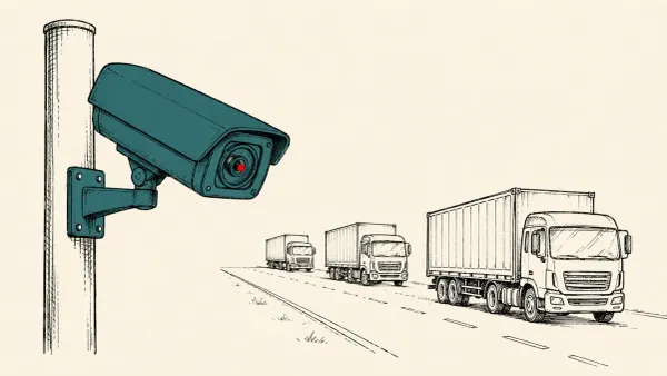 Editorial illustration of an IP security camera turned toward supply trucks, marking the AIVD/MIVD warning on Russian camera-hijacking across NATO and Ukraine.