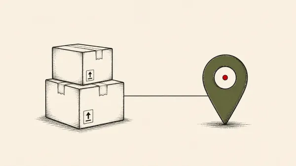 Flat white line-art of two package boxes linked by a line to a location pin, on a teal background — Amazon npm debug and chalk Sapphire Sleet attribution.