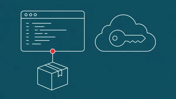 Flat white line-art of a code-editor window, a cloud holding a key, and a repository box on a Peacock background — Amazon Q Developer VS Code extension flaw.