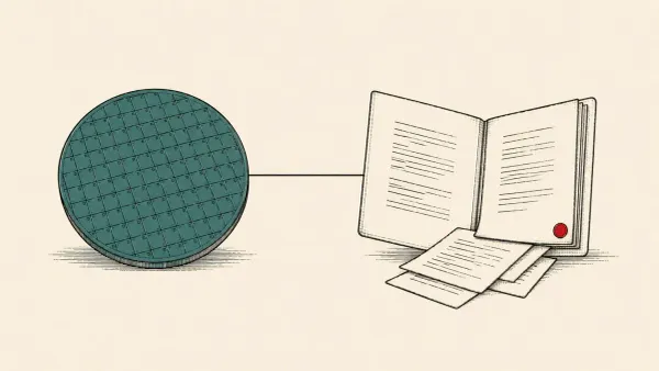 Flat white line-art of a silicon wafer beside an open document, on a teal background — Analog Devices semiconductor data-breach disclosure.
