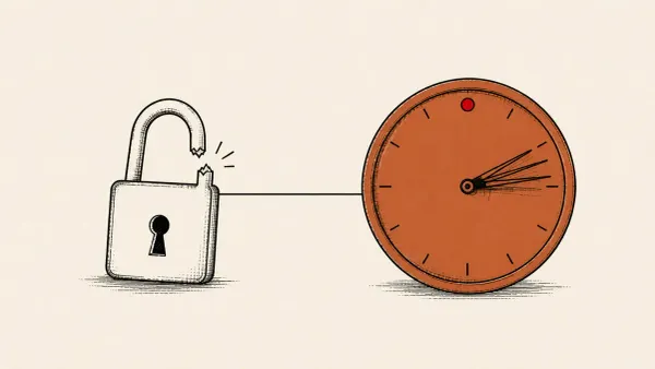 Flat white line-art of a broken padlock beside a fast-ticking clock, on a violet background — Anthropic Mythos, cryptography, and patch cadence.