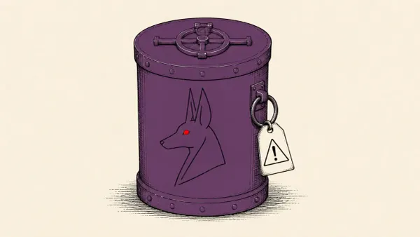 Flat white line-art of a jackal emblem, a sealed data vault, and a warning tag on a deep teal background — Anubis's 1 TB leak threat to Fairlife.