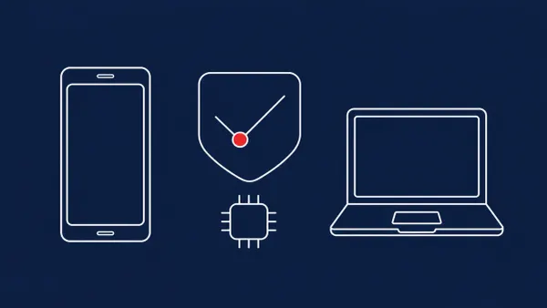 Flat white line-art of a phone, a laptop, a patch shield tile, and a small chip motif, on a Midnight Navy background — Apple 30+ iOS, macOS, Safari patches with AI-discovered WebKit bugs.