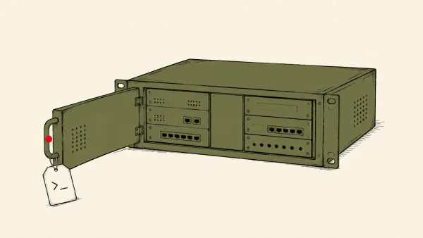 Flat white line-art of a network orchestrator console with a single open door, on a deep-teal background — the Arista VeloCloud Orchestrator command-injection zero-day.
