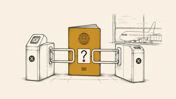 Editorial illustration of an airport departure gate holding a passport with a mismatched photo, marking Armenia's detention of Aleksandr Ermakov on a US REvil request.
