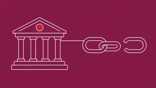 Flat white line-art of a courthouse and a broken chain link — Armenian national guilty plea in a Ryuk ransomware case.