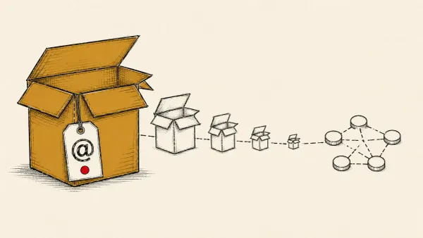 Editorial illustration of an npm package emitting nested loader boxes toward a node cluster, marking compromised @asyncapi packages delivering a botnet loader.