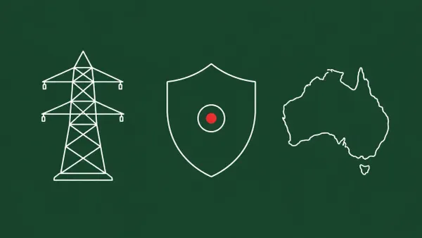 Flat white line-art of a transmission tower, a shield, and an Australian landmass outline — nation-state CNI disclosure.