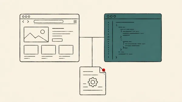 Flat white line-art of a web page linked to a code-editor window and a settings file, on a teal background — the AWS Kiro agentic IDE flaw.