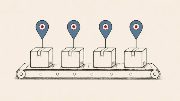 Flat white line-art of a chain of four npm package boxes linked to a single location pin, on a warm background — AWS North Korea axios npm attribution.