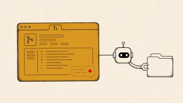 Flat white line-art of a pull-request window with a hidden comment linked to a robot review agent reaching a locked folder, on a violet background — the Azure DevOps MCP flaw.