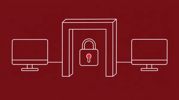 Flat white line-art of a locked gateway beside two remote-access terminals — BeyondTrust Remote Support and PRA authentication-bypass patches.