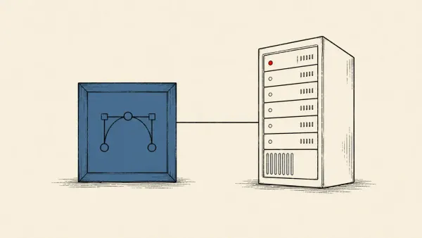 Flat white line-art of an image file linked to a server rack, on a teal background — Bing Images SVG remote code execution on Microsoft's servers.