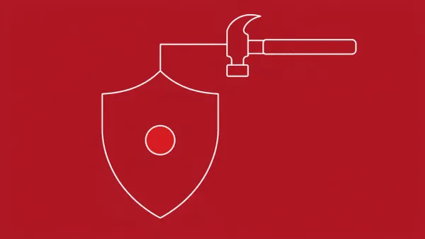 Flat white line-art of a shield with a single hammer above it — Microsoft Defender CVE-2026-33825 BlueHammer vulnerability.