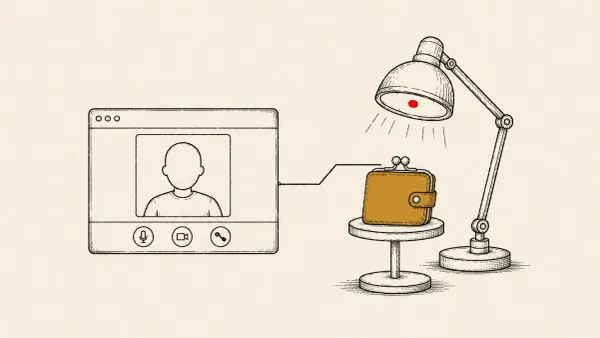 Flat white line-art of a video-call window beside a wallet icon on an inspection stand, on a deep blue background — the BlueNoroff Zoom phishing-kit disclosure.