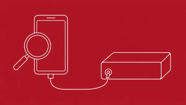 Flat white line-art of a smartphone cabled to a forensic analysis box beside a magnifier, on a Crimson background — Cellebrite use on activist iPhone after stated Russia cutoff.