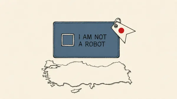 Editorial illustration of a fake CAPTCHA checkbox tagged with a state emblem over a map of Ukraine, marking CERT-UA naming Sandworm subgroup UAC-0145.