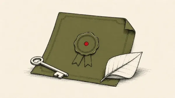 Flat white line-art of an unrolled document beside a large certificate with a round seal, on a teal background — the Certighost AD CS PoC release.