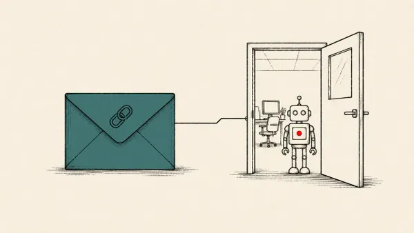 Flat white line-art of an envelope link spawning a small robot figure inside an office doorway, on a teal background — the ChatGPT AgentForger research disclosure.