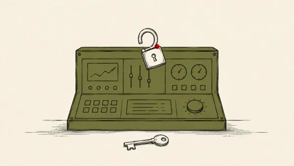 Flat white line-art of a management console with an open lock swinging free, on a deep-blue background — the Check Point SmartConsole authentication bypass CVE-2026-16232.