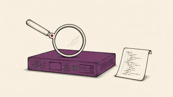 Flat white line-art of a magnifying glass over a management console and a script sheet, on a teal background — Check Point SmartConsole CVE-2026-16232 PoC.