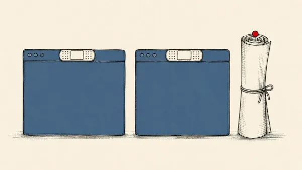 Editorial illustration of two patched browser windows beside a blueprint scroll, marking Chrome 150 and Firefox 152 critical fixes and a public Firefox PoC.