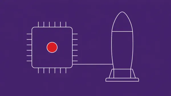 Flat white line-art of an AI processor chip linked to a warhead silhouette — CIA frames advanced AI as digital nuclear weapons.