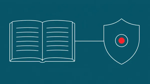 Flat white line-art of an open report book beside a shield, one flat red dot at the shield — CISA credential-leak forensic report.
