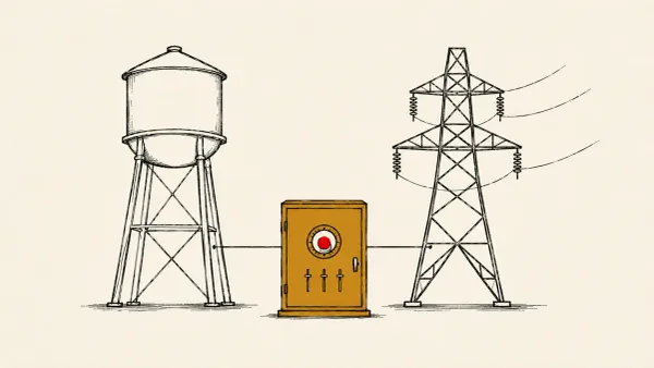Flat white line-art of a water tower and an electricity pylon linked to an industrial controller box, on a deep amber background — CISA's advisory on Iran-linked targeting of ICS.