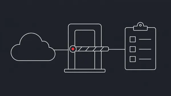 Flat white line-art of a network cloud, an access checkpoint gate, and a checklist clipboard — CISA SASE zero-trust federal adoption guide.