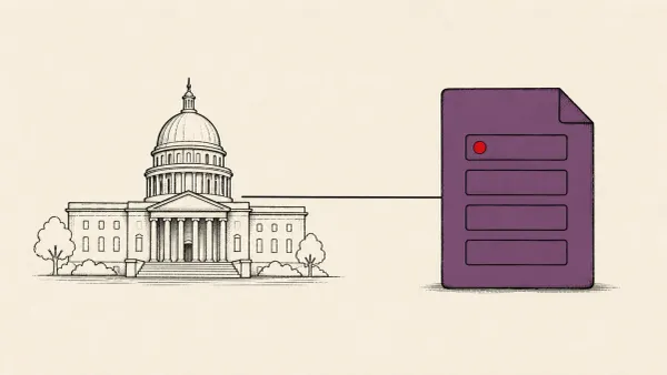 Flat white line-art of a government building beside a stacked list of software components, on a teal background — CISA's SBOM baseline and open-source guidance.