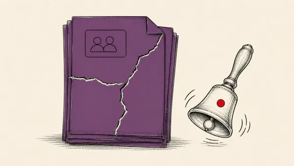 Editorial illustration of a shared-document portal showing three cracks beside an alarm bell, marking CISA's warning on three exploited SharePoint flaws, two zero-days.
