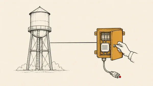 Line illustration of a water-plant controller being disconnected from a public network, marked by a single red status dot.