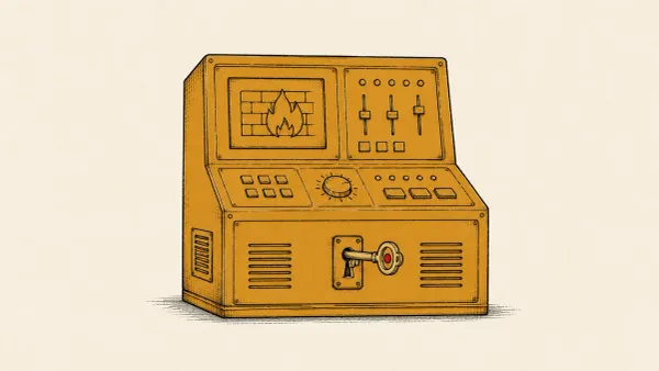 Flat white line-art of a firewall console opened by a built-in key, on a teal background — the Cisco FMC static-credentials zero-day, CVE-2026-20316.