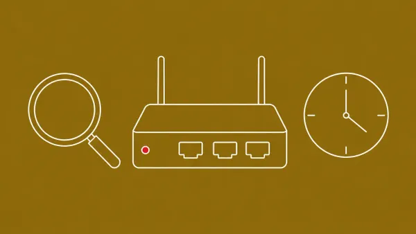 Flat white line-art of an SD-WAN router node beside a magnifier and a small clock — Cisco Catalyst SD-WAN CVE-2026-20245 continued exploitation.