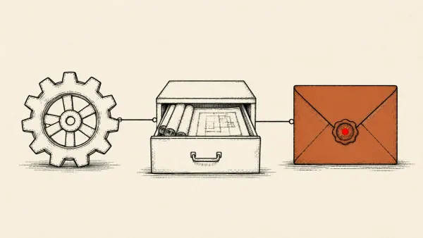 Flat white line-art of a factory gear, an open blueprint drawer, and a sealed envelope, on a teal background — Cl0p PTC Windchill and FlexPLM data-extortion campaign.