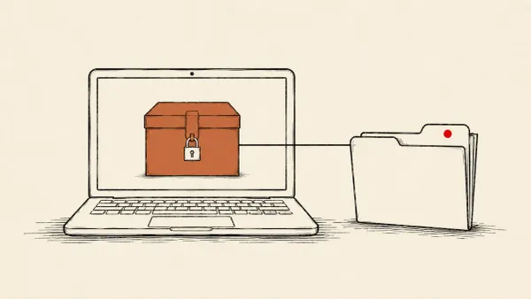 Flat white line-art of a sealed box on a laptop with one line breaking out to a file folder, on a teal background — Claude Cowork VM escape.