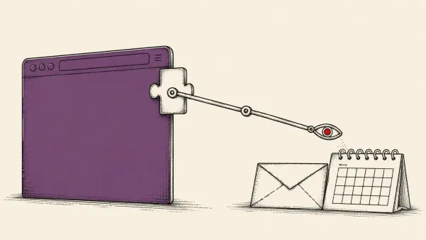 Editorial illustration of a browser extension reaching an arm toward an envelope and calendar, marking a Claude for Chrome flaw exposing Gmail and Calendar.