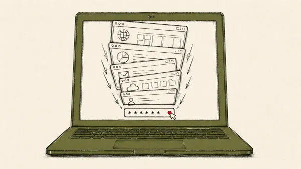 Editorial illustration of stacked app windows on a laptop collapsing toward a password box, marking the ClickLock macOS stealer that forces password entry.