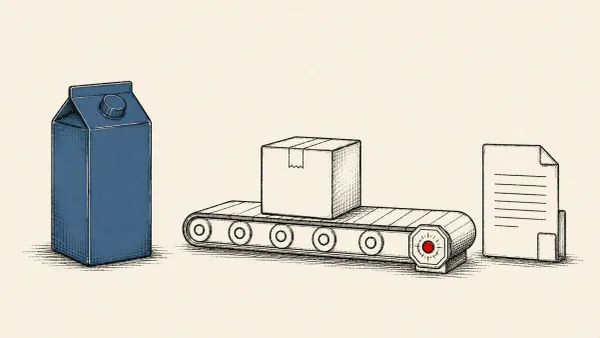 Editorial illustration of a milk carton beside a halted factory line and a filing form, marking Coca-Cola's ransomware-driven suspension of Fairlife US production.