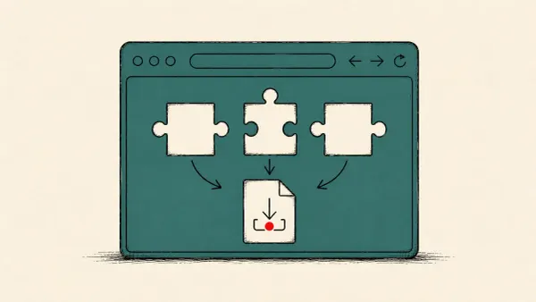 Flat white line-art of a browser window building a jigsaw file from separate pieces, on a teal background — the SourTrade browser-assembly malvertising research.
