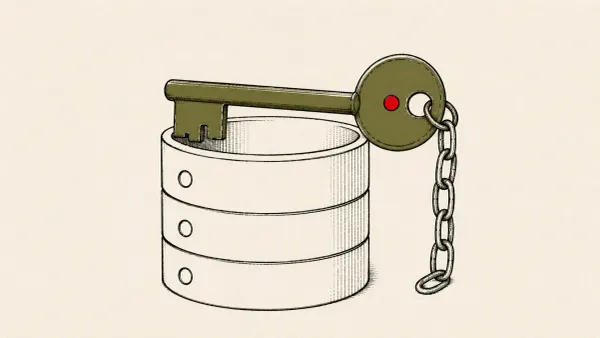 Flat white line-art of a single key unlocking a row of database cylinders on a deep blue background, with one flat red dot accent.