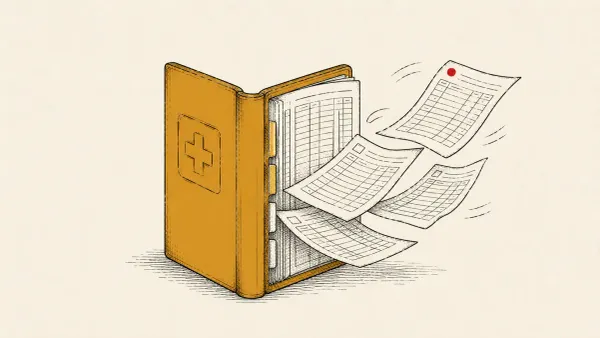 Editorial illustration of a hospital billing ledger with pages pulled out, marking Craneware's disclosure of data theft affecting US hospital finance software.
