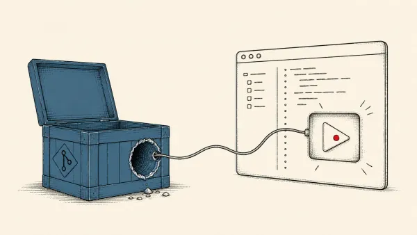 Editorial illustration of a code editor's play button pressing itself, wired to a repository crate, representing Cursor IDE auto-executing poisoned repos.